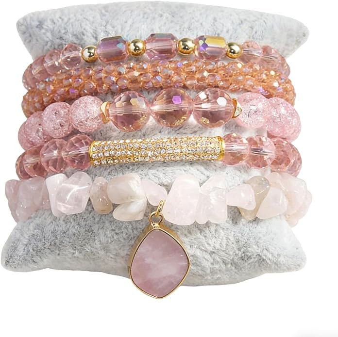 ZOSOJONA 5Pcs Boho Stackable Beaded Bracelets with Crystal Agate Pendant, Stretch Elastic Charm B... | Amazon (US)