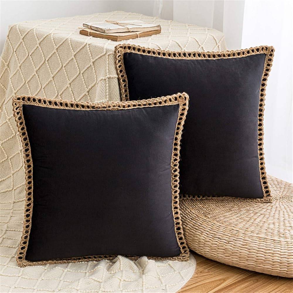 AQOTHES Pack of 2 Velvet Decorative Farmhouse Burlap Trimmed Tailored Edges Decor Pillow Cover Cu... | Amazon (US)