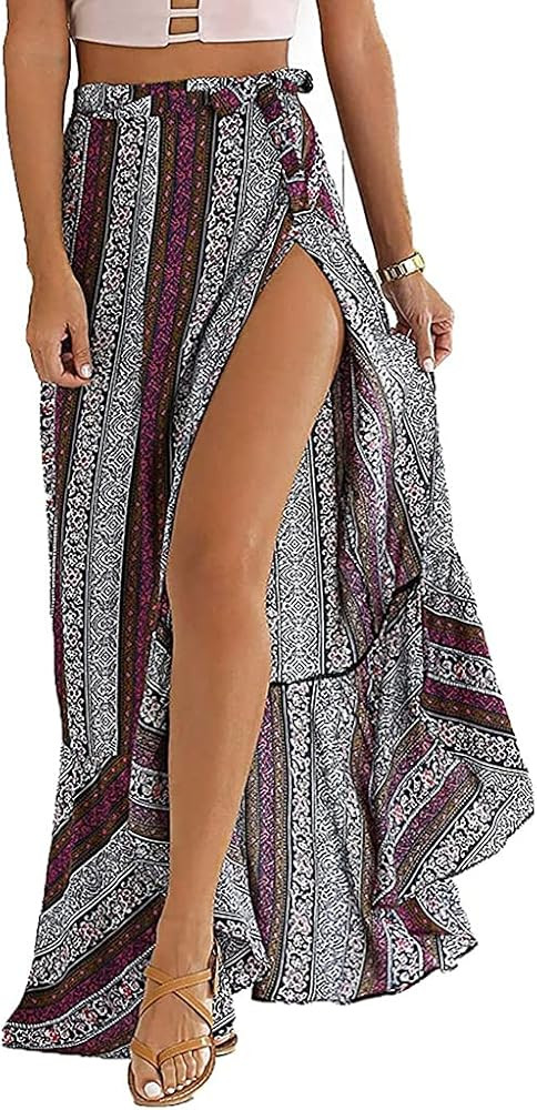ForeMode Women Boho Print High Waist Side Wrap Bohemian Asymmetric Hem Maxi Long Skirt One Size | Amazon (US)