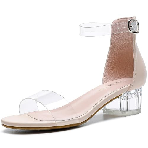 Dufannie Clear Heels for Girls Sandals Cute Nudes Shoes Dress for Wedding Party Comfortable Low Heel Clear Sandals Ankle Strap Chunky for Little Kid Big Kids(3603ClearNude 1) | Amazon (US)