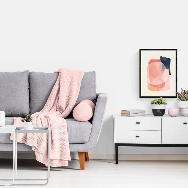 Abstract Framed Print , Pink Wall Art , Peach Color Decor , Illustration , Minimal Living Room De... | Etsy (US)