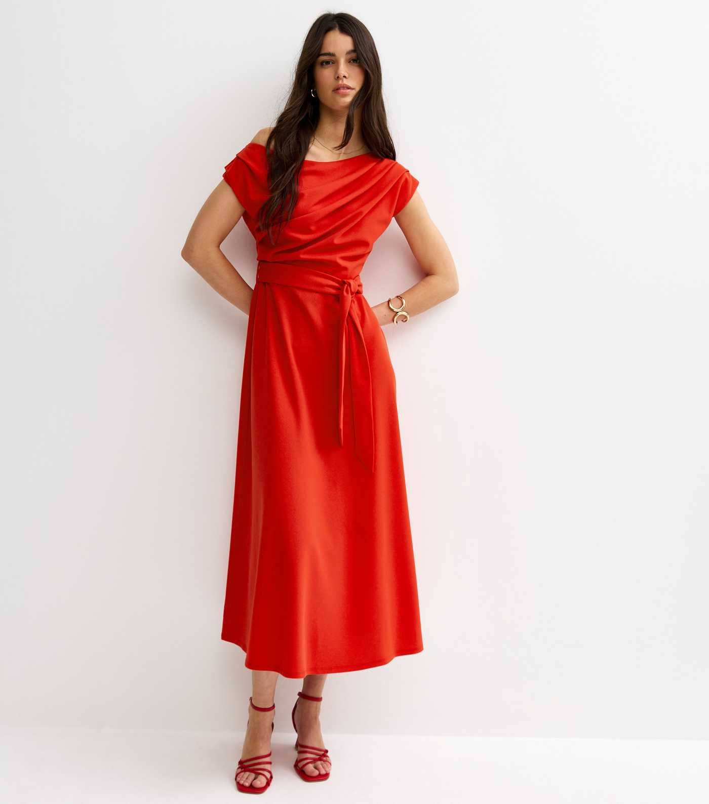 Dark Coral Fallen Shoulder Tie Waist Midi Dress | New Look | New Look (UK)