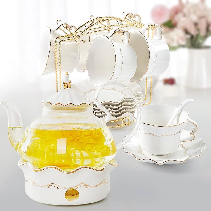 DUJUST Tea Set of 6 with Tea Pot, Luxury Cups and Saucers Set of 6 (8.5 OZ), Fairy-Designed Teapo... | Amazon (US)