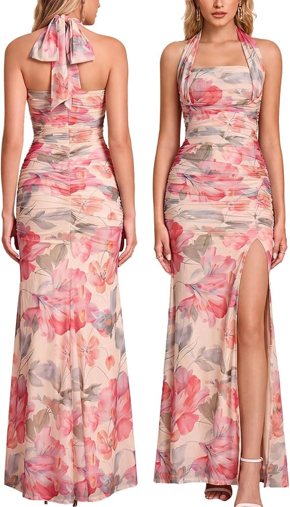 Women Bodycon Maxi Dress High Slit Halter Tie Ruched Long Formal Cocktail Wedding Guest Dresses | Amazon (US)