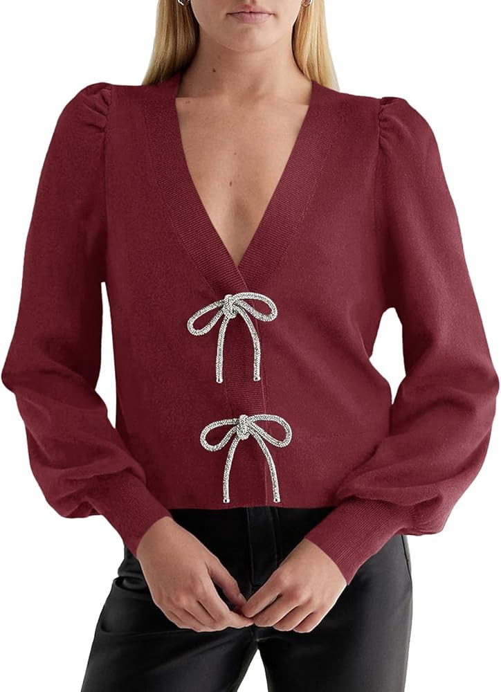 Saodimallsu Womens Bow Button Front Cardigan Sweaters V Neck Cropped Knit Sweater | Amazon (US)