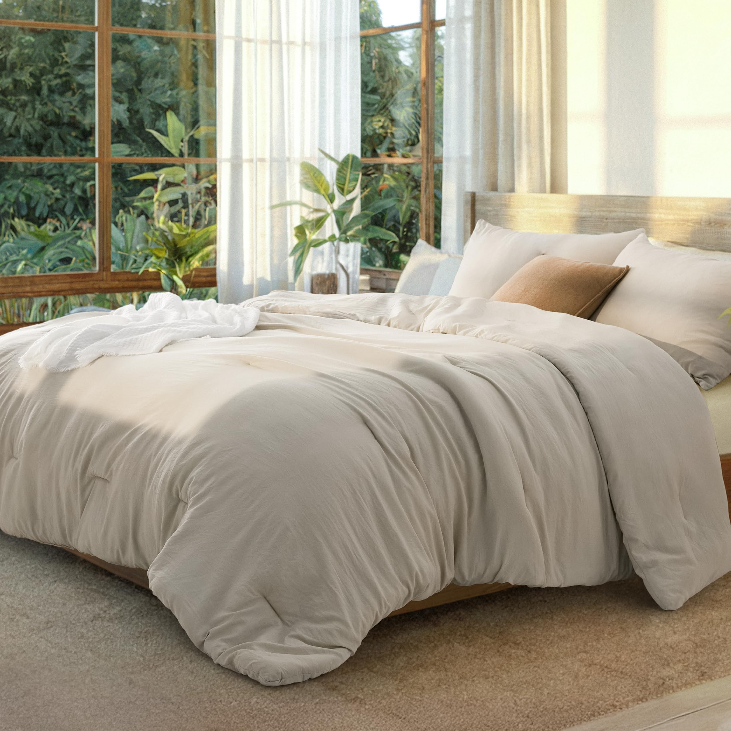Bedsure Queen Size Comforter Set, Beige Soft Prewashed Bedding for All Seasons, 3 Pieces GentleSo... | Amazon (US)