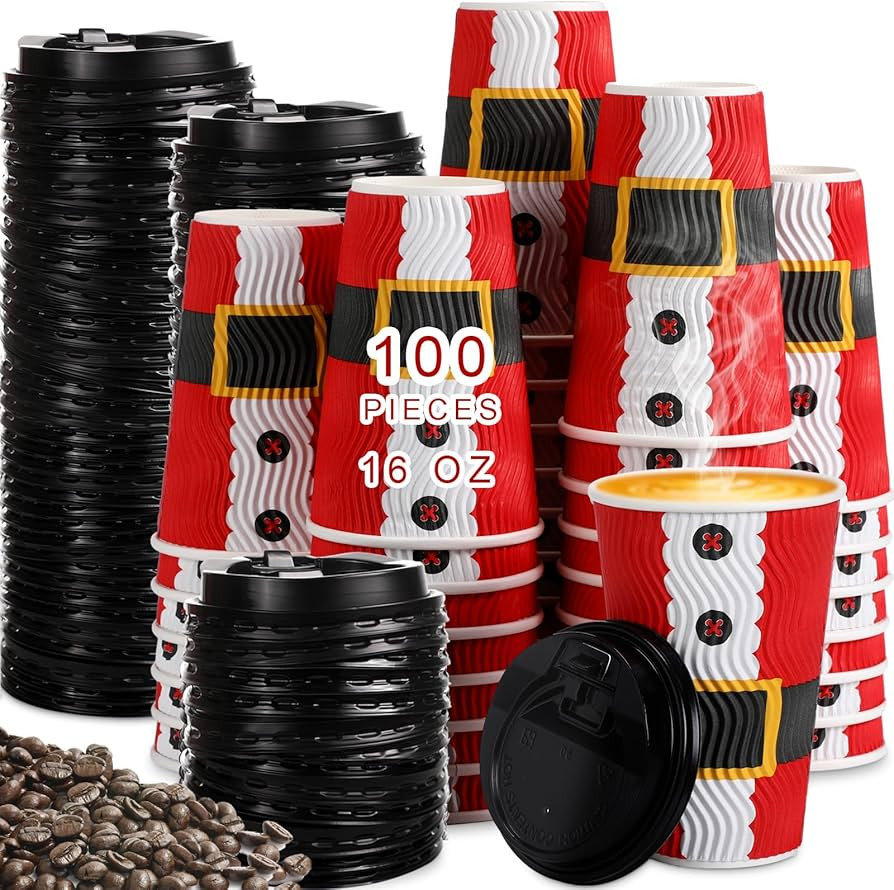Foaincore 100 Pcs 16 oz Insulated Christmas Disposable Coffee Cups with Lid Ripple Wall Christmas... | Amazon (US)