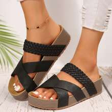 Women Sandals Solid Color Beach Sandals New Thick Bottom Braided Cross Casual Slippers | SHEIN
