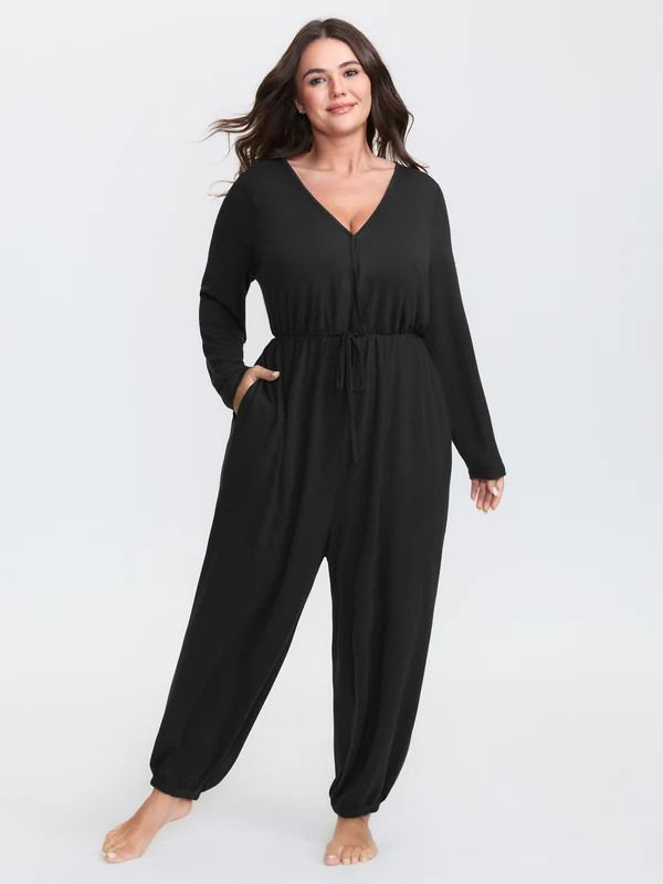 Elastic Waist Overlap Collar Lounge Jumpsuit | Bloomchic