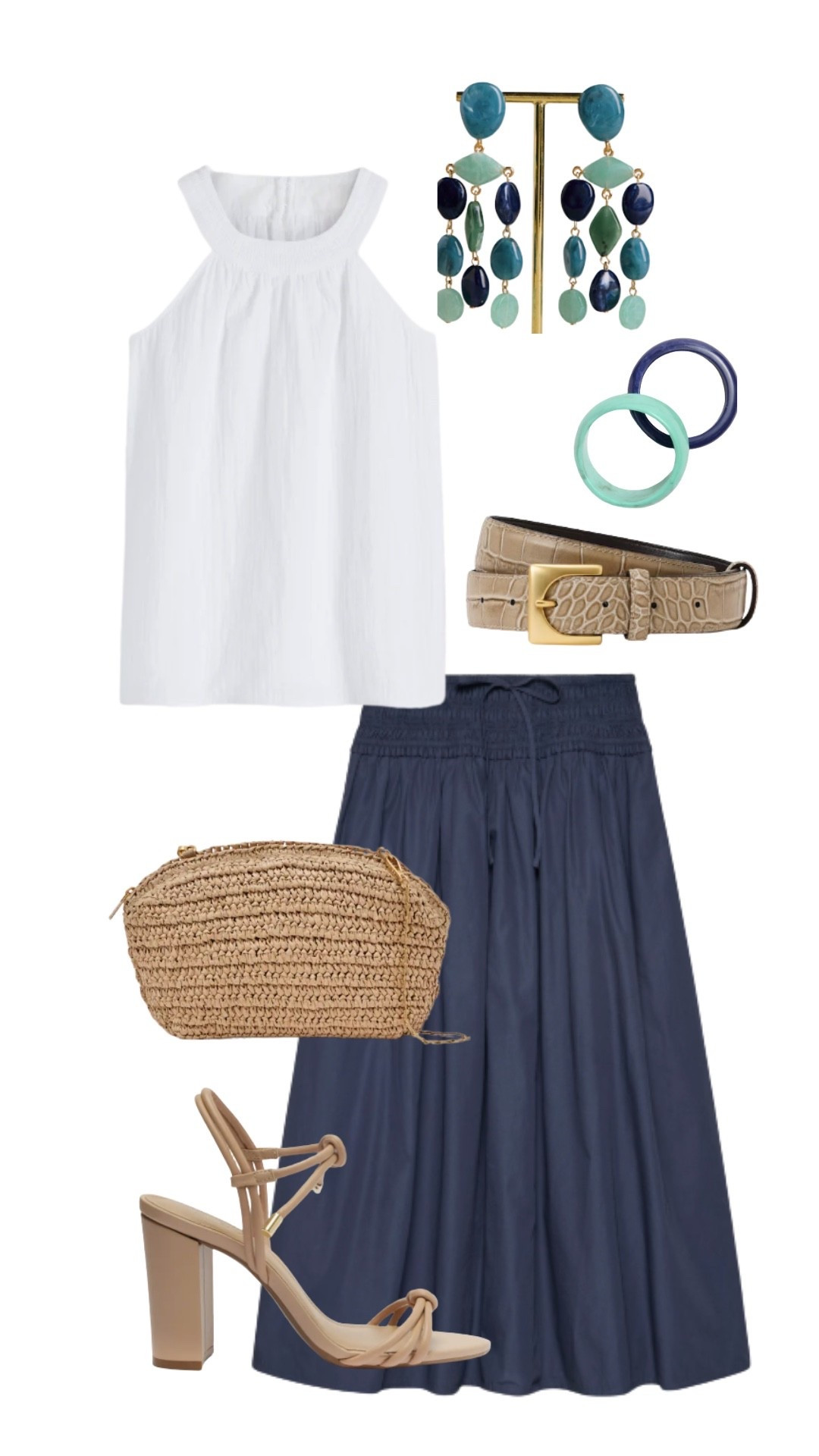 This outfit is perfect for hot summer days and travel. We love the skirt and top, also the color combination of the accessories really make it pop.

#LTKTravel #LTKdayinmylife #LTKootd
