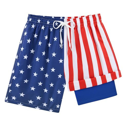 Belovecol Boys Swim Trunks 4th of July Bathing Suit Size 7 American Flag Swimming Shorts Patriotic Swimsuit with Compression Liner Lightweight Swimwear | Amazon (US)