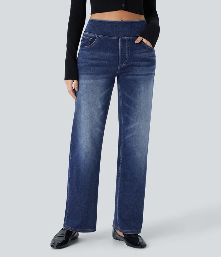 Damen Halara Flex™ Jeans mit hohem Bund, mehreren Taschen, geradem Bein, verwaschenem - Halara | Halara - DE