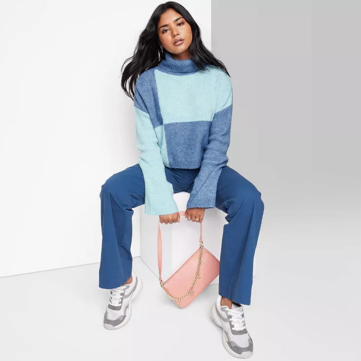 Women's Cropped Turtleneck Pullover Sweater - Wild Fable™ Blue Colorblock M | Target
