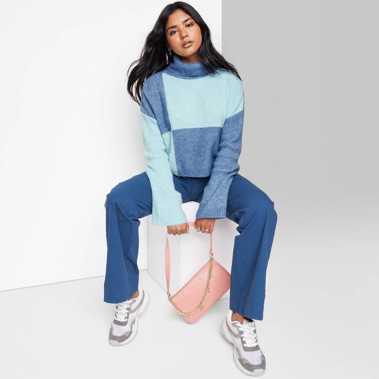 Women&#39;s Cropped Turtleneck Pullover Sweater - Wild Fable&#8482; Blue Colorblock M | Target