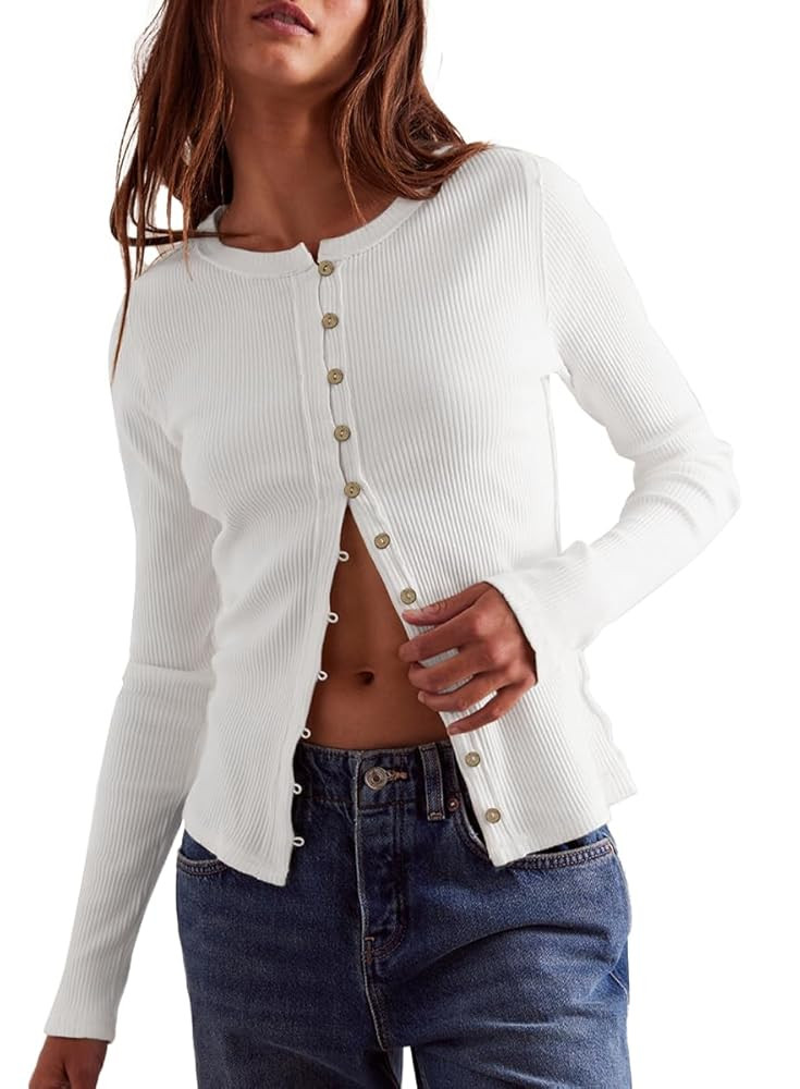 Beaully Womens Lightweight Cardigan Button Down Long Sleeve Shirt Ribbed Knit Slim Fit Y2K Cardig... | Amazon (US)