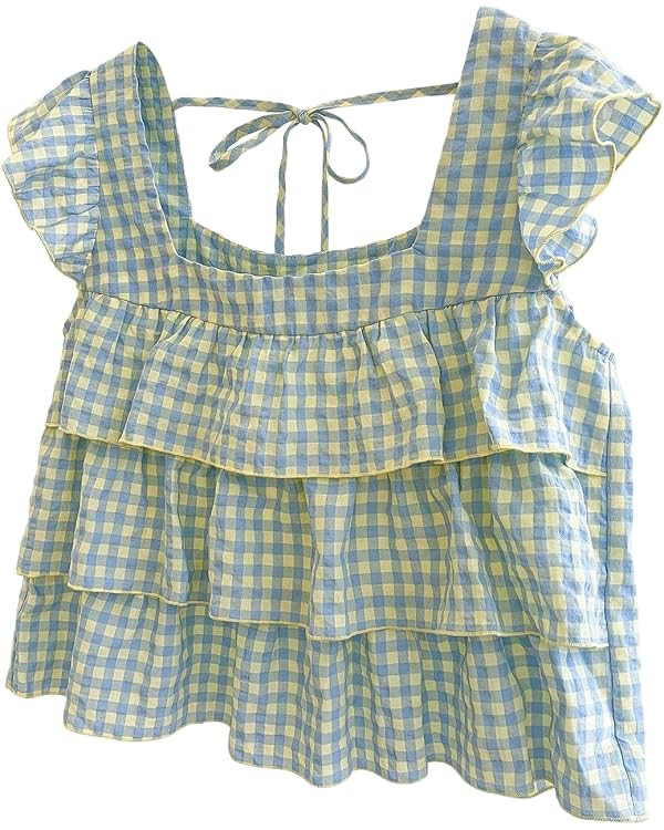 Floerns Women's Gingham Cap Sleeve Blouses Layered Ruffle Tie Back Babydoll Tank Tops | Amazon (US)