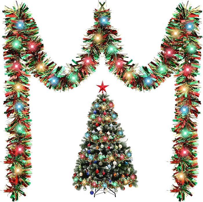Kingdder 16.4 ft Christmas Tinsel Garland Lighted Metallic Twist Tree Decoration Prelit Battery O... | Amazon (US)
