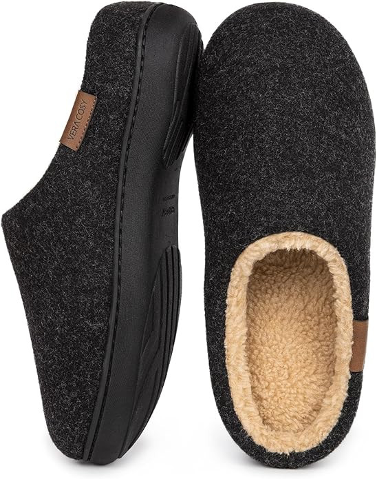 VeraCosy Men's Wool Felt Slippers Warm Fuzzy Faux Sherpa Slip-on Memory Foam Indoor House Slipper... | Amazon (US)