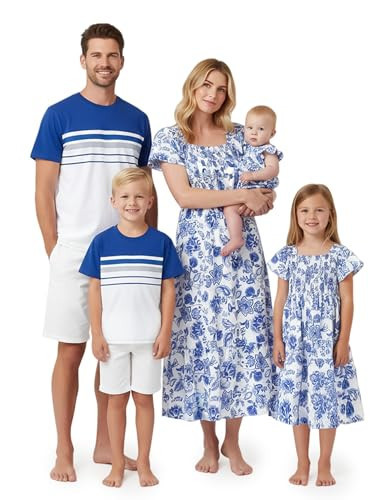 PATPAT Matching Family Outfits - Mom and Daughter Matching Dresses Square Neck Puff Short Sleeve Boho Dusty Floral Printed Maxi Sundress Navy Blue Women S | Amazon (US)