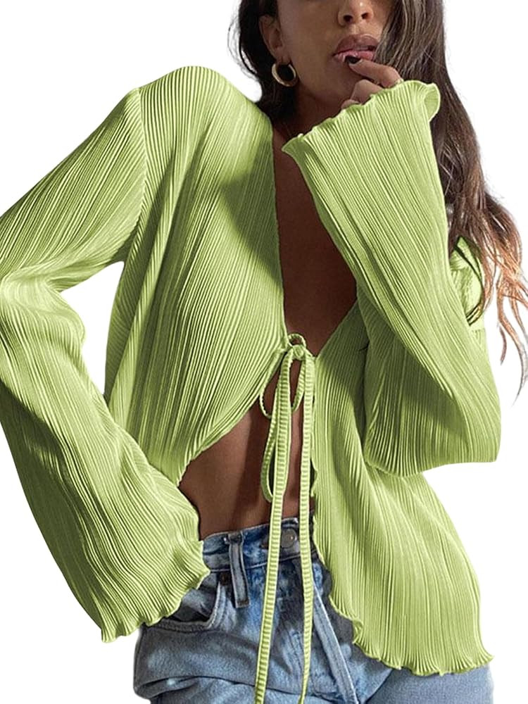 ZAFUL Women's Deep V Neck Tie Front Top Flare Sleeve Plisse Pleated Blouse Shirt Top Y2k Vintage ... | Amazon (US)