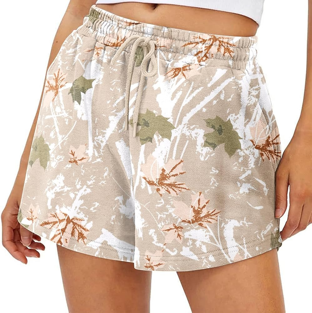 Womens Camo Sweat Shorts Maple Leaf Print Drawstring Elastic High Waist Lounge Camouflage Workout... | Amazon (US)