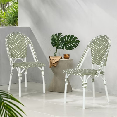 Christopher Knight Home Brandy Patio French Bamboo Finish Aluminum and Faux Rattan Bistro Chairs (Set of 2), Green/White | Target