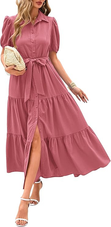 MASCOMODA Womens Summer Dresses 2025 Short Sleeve Maxi Dress Casual V Neck Button Down Tiered A L... | Amazon (US)