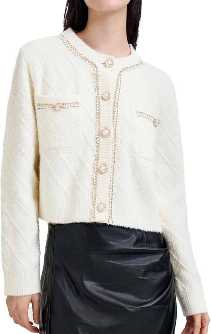 URBAN REVIVO Women's Casual Cardigans Open Front Cardigan Pearl Button Slim Fit Vintage Long Slee... | Amazon (US)