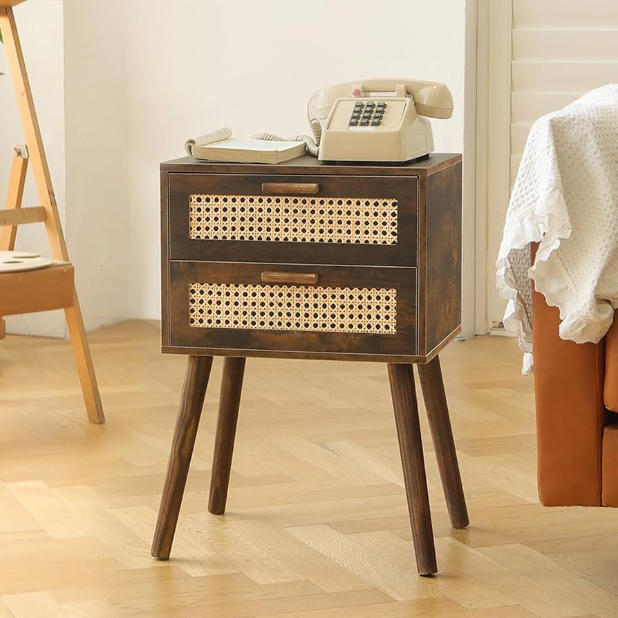 AWASEN Mid Century Nightstand, Modern Rattan Bedside Table with 2 Drawers, Wood Accent Side End T... | Amazon (US)