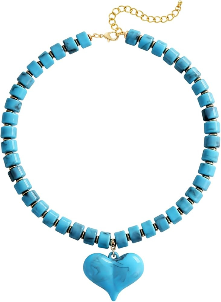 YUJIE Chunky Heart Penadnt Necklace for Women- Exaggerated Statement Puff Heart Necklace with Acr... | Amazon (US)