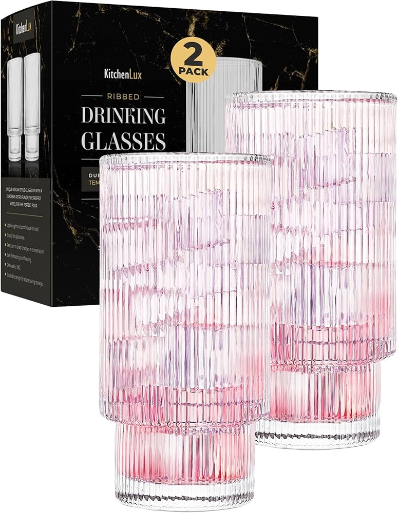 Ribbed Drinking Glasses - Ribbed Glass Cups 12 oz - Ribbed Glassware Set of 2 - Textured Vintage ... | Amazon (US)