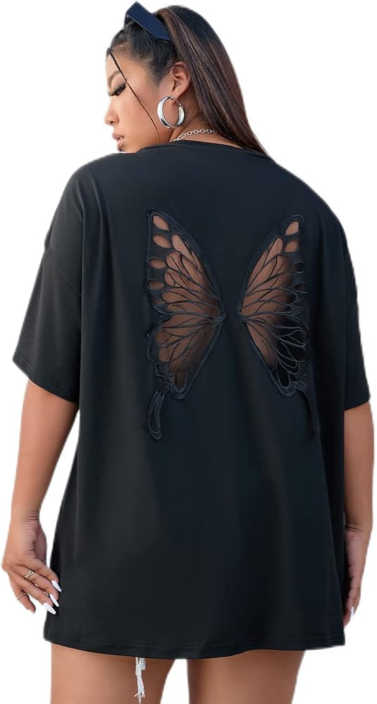 SOLY HUX Women's Plus Size Butterfly Embroidered Cut Out Back Half Sleeve T Shirt Casual Tee Tops | Amazon (US)