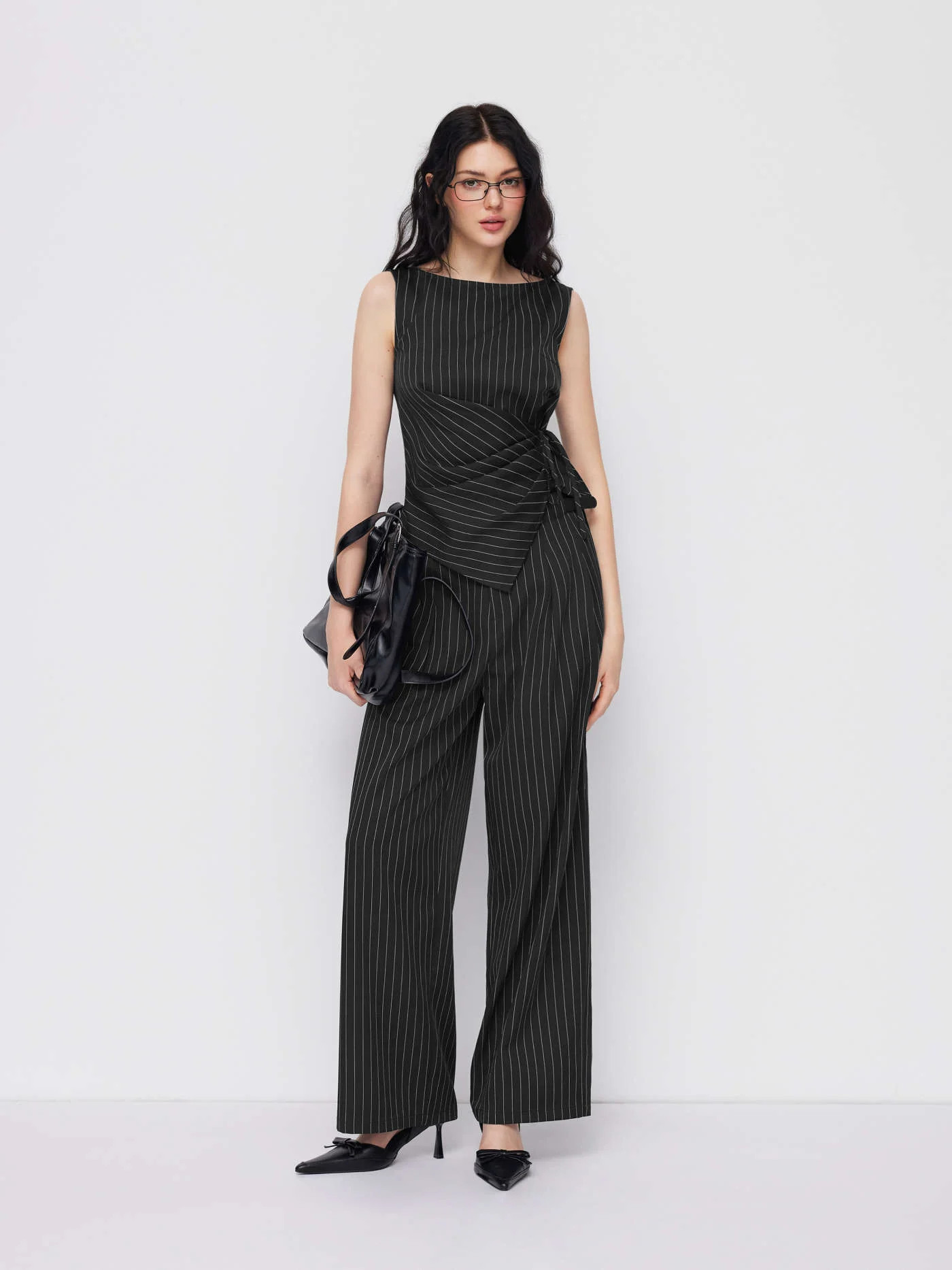 Woven Boat Neck Striped Wrap Knotted Top & Mid Rise Straight Leg Trousers Set For Work | Cider