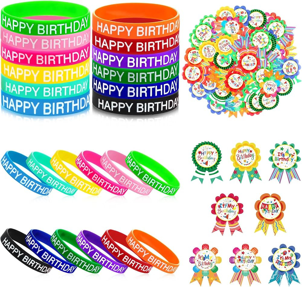 Spiareal 128 Pcs Classroom Happy Birthday Kits, 48 Happy Birthday Wristbands and 80 Badge Sticker... | Amazon (US)