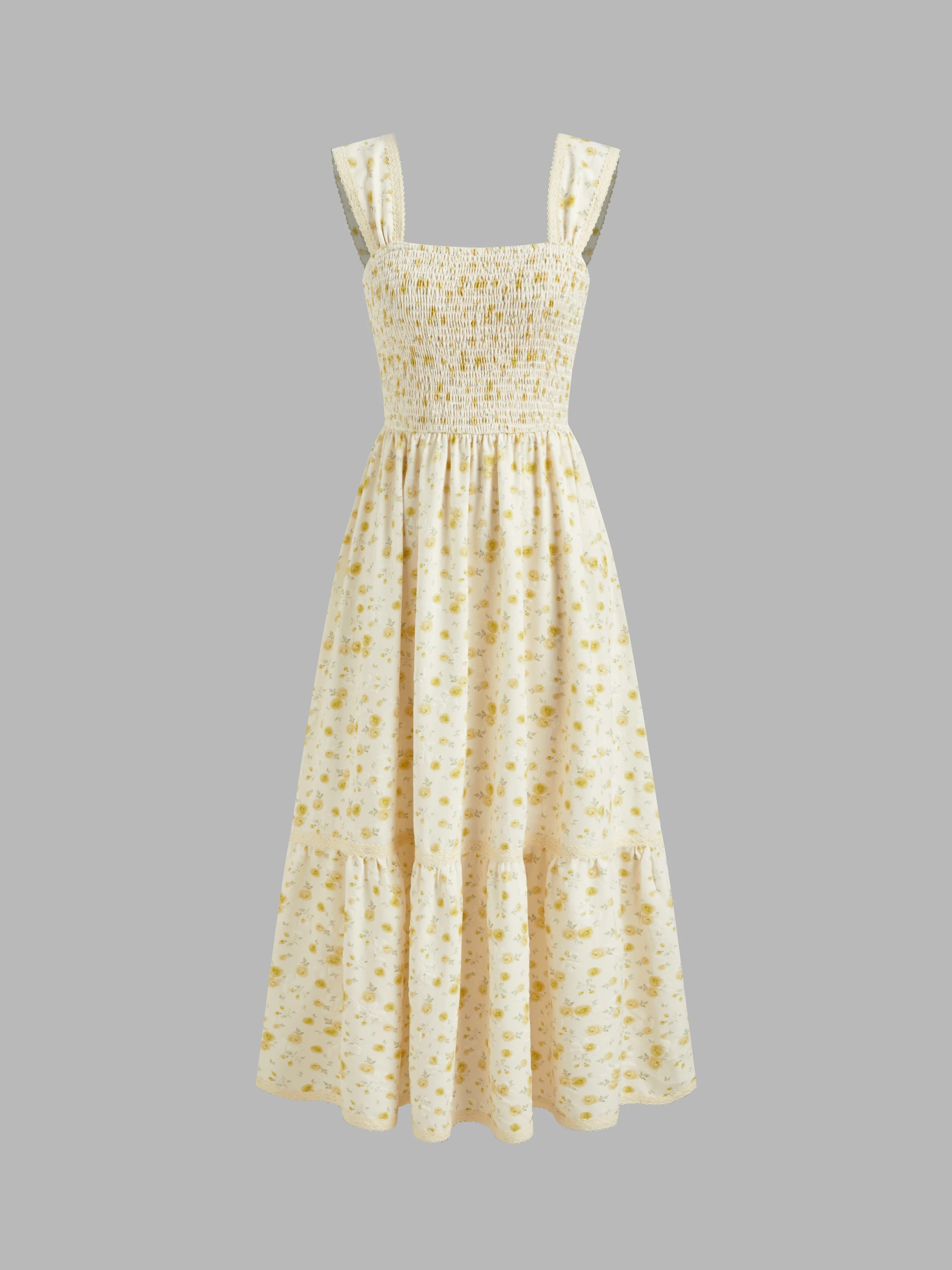Woven Square Neck Ditsy Floral Shirred Midi Dress For Daily Casual Picnic | Cider