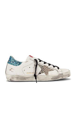Golden Goose Super Star Sneaker in White, Silver, & Light Blue Fluorescent | FWRD | FWRD 