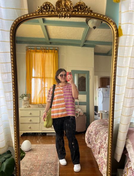 Midsize comfy casual and postpartum friendly errand outfit! Wearing this oversized striped t-shirt from free people size large, bootcut leggings from aerie XL short, baggu medium crescent, target sunglasses and Vans in WIDE SIZING!! 

#LTKMidsize #LTKStyleTip #LTKItBag