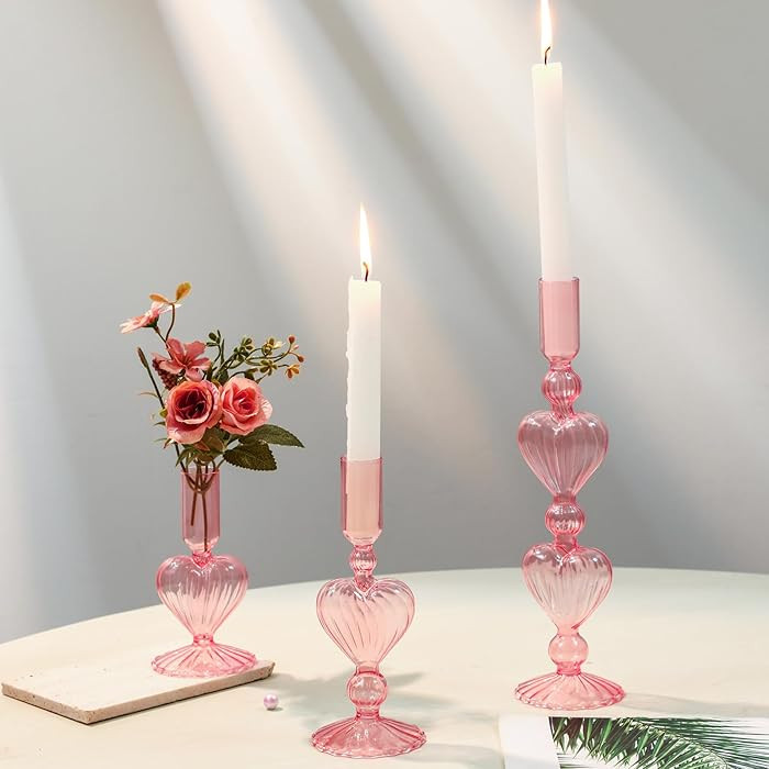 Mumufy 3 Pcs Valentine's Day Glass Candlestick Holders Heart Glass Taper Candle Holder Valentines... | Amazon (US)
