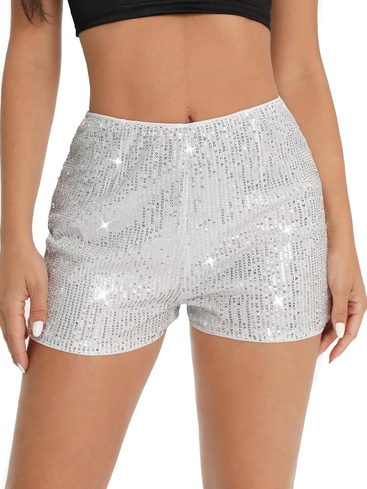 SweatyRocks Women's Sequins High Elastic Waist Straight Leg Shorts Solid Glitter Party Shorts | Amazon (US)
