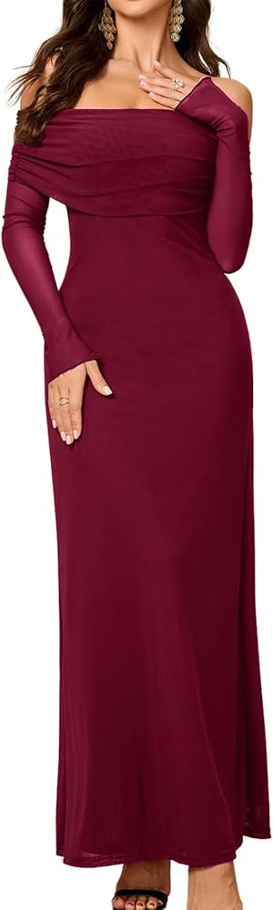 Colysmo Women Long Sleeve Mesh Off Shoulder Bodycon Maxi Dress Formal Wedding Guest Elegant Party... | Amazon (US)