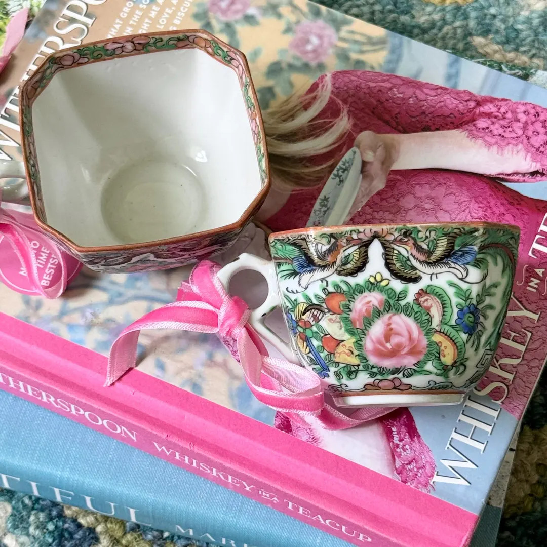 PAIR of Antique Chinese Rose Canton Porcelain Square Tea Cups | Chinoiserie Preppy Grand Millenni... | Etsy (US)