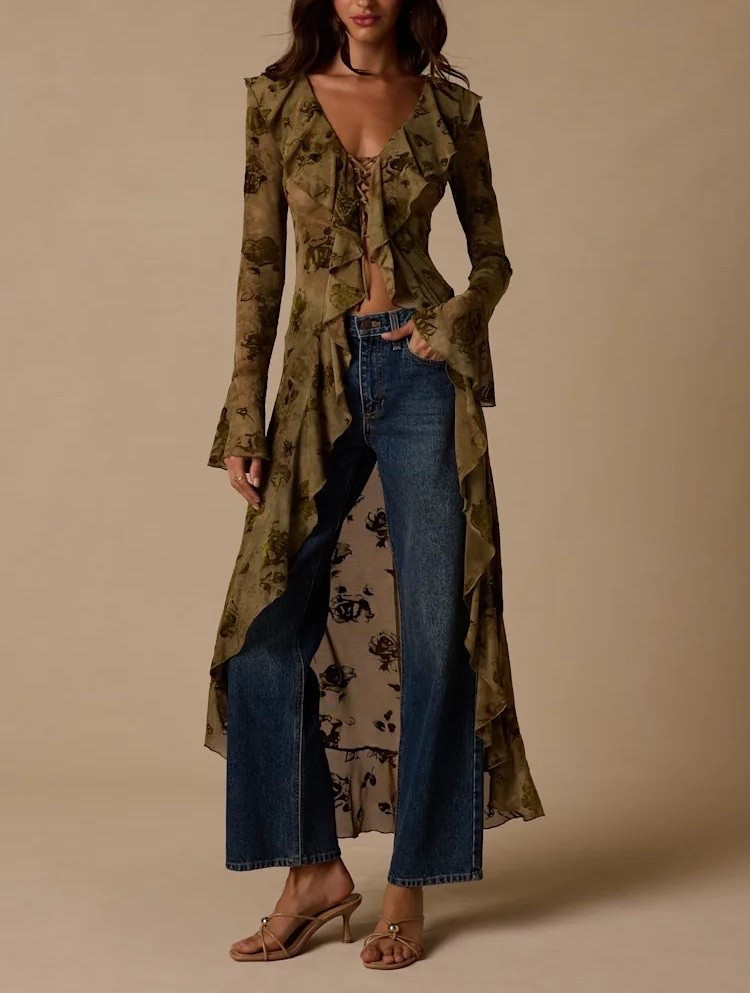 The Winifred Olive Sheer Mesh Jacquard Lace-Up Duster Top brings an edgy, sophisticated touch to layering with its sheer mesh construction, textured jacquard pattern, and lace-up detailing. The rich olive hue makes it especially versatile for fall styling over dresses, tanks, denim, or tailored separates. Under $60.

Ideas:

* olive duster top
* sheer layering piece
* fall fashion
* edgy feminine style
* elevated layering

Keywords:

* olive duster
* duster top
* sheer top
* mesh top
* lace up top
* jacquard top
* olive green top
* sheer layering top
* fall layering
* fall outfits
* women’s tops
* statement top
* boho fashion
* edgy fashion
* fall wardrobe

#LTKgrwm #LTKootd #LTKTravel