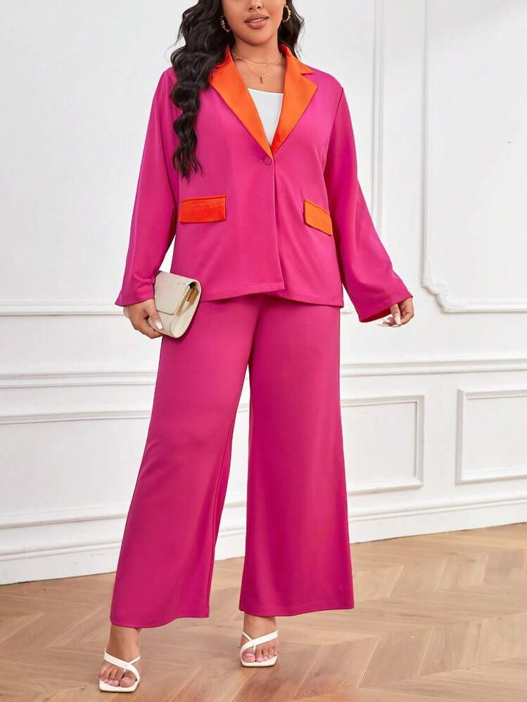 SHEIN Clasi Plus Contrast Panel Open Front Blazer & Wide Leg Pants | SHEIN