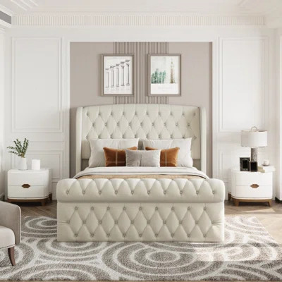 Mieya Velvet Upholstered Sleigh Bed with Scroll Wingback Headboard and Footboard | Wayfair North America