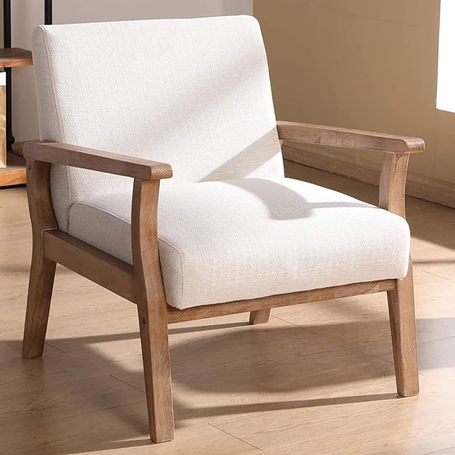 Beige Accent Chair Mid Century Modern Armchair Wood Sitting Chair Linen Fabric Upholstered Side C... | Amazon (US)