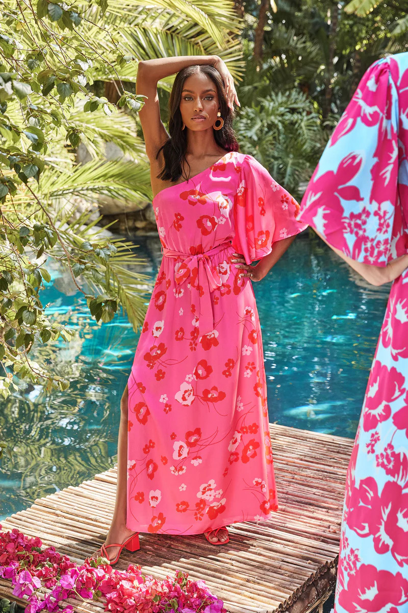 Cherry Blossom Meara One Shoulder Satin Maxi Dress | Sugarlips