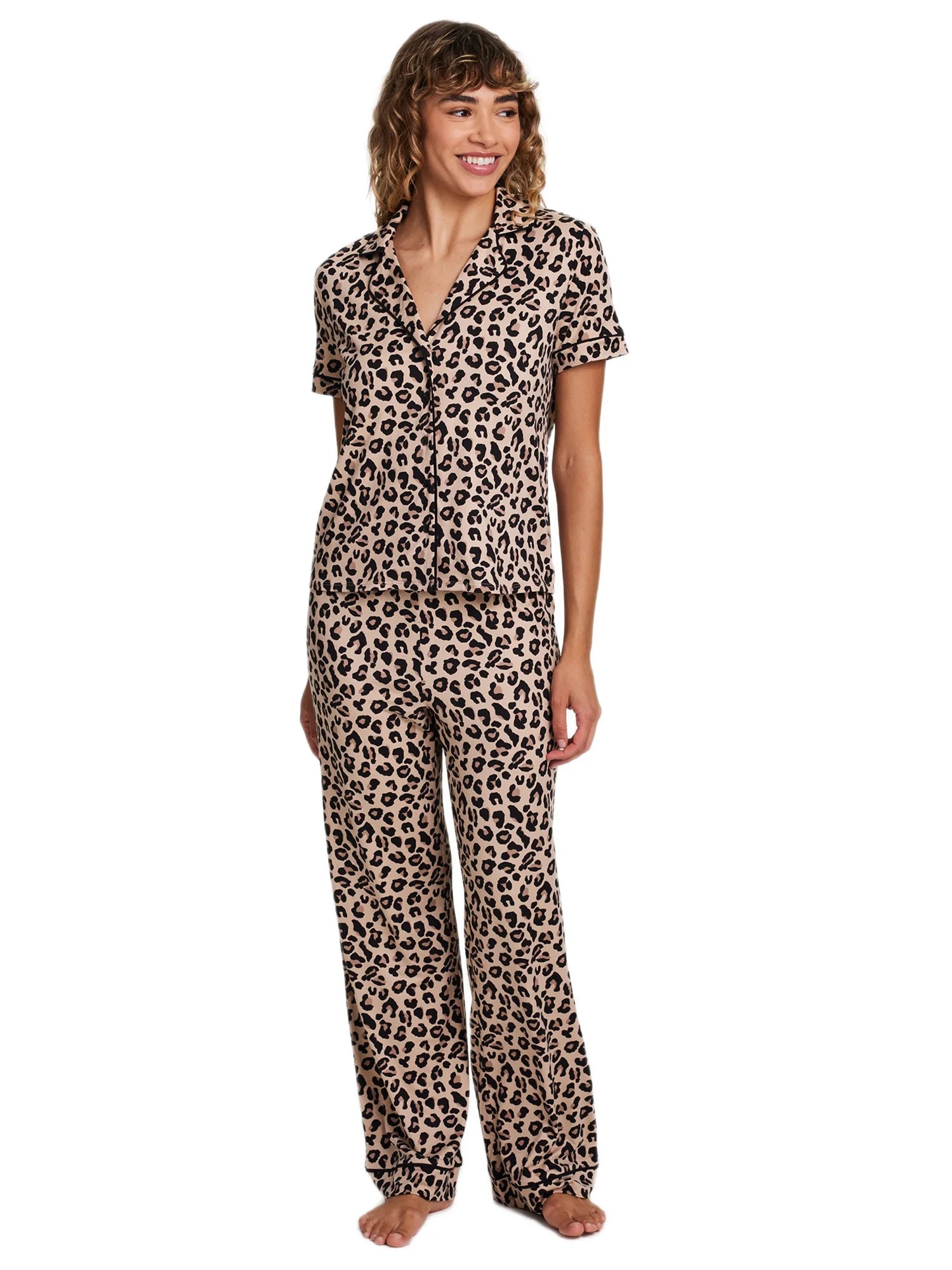 Sleep & Co. Women's & Women's Plus Short Sleeve Fesitve Notch Collar Button Down with Pant Pajama... | Walmart (US)