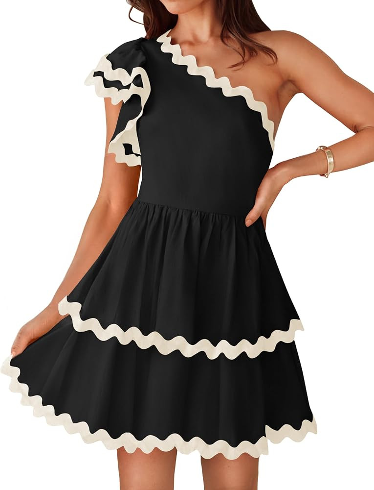 ZESICA Women's 2024 Summer One Shoulder Dresses Ruffle Short Sleeve Tiered Layered Swing A Line M... | Amazon (US)