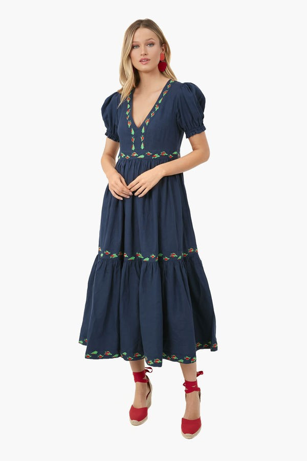 Indigo Aktur Linen V-Neck Embroidered Midi Dress | Tuckernuck (US)