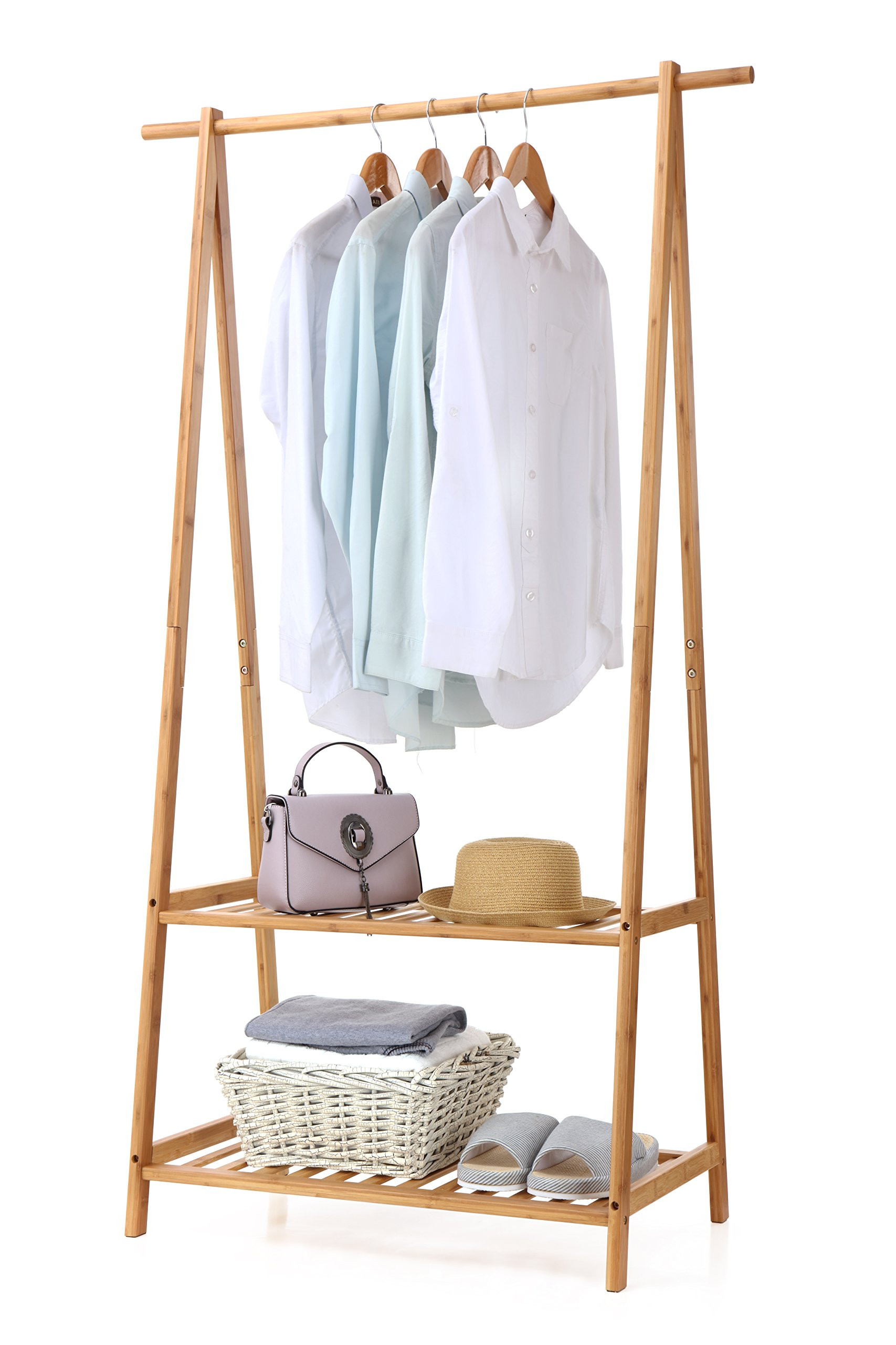 Finnhomy Bamboo Clothes Rack Portable Extra Large Garment Rack 2-Tire Storage Box Shelves For Ent... | Amazon (US)